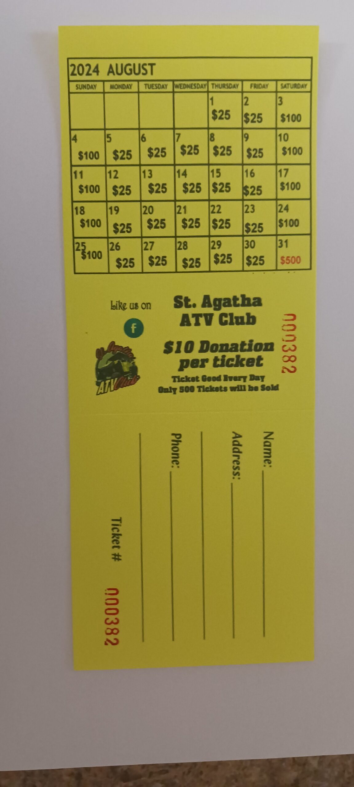 Calendar Raffle Ticket - St Agatha ATV Club